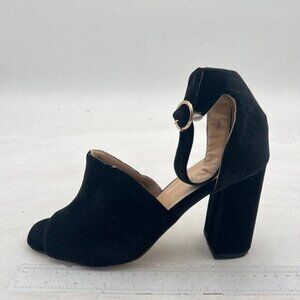 YDN Black Suede Peep Toe Chunky High Heel Ankle Strap Pumps Slip on Sandals